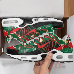 Cristiano Ronaldo Air Max Plus TN Shoes 8 Green and red CR7 Christmas shoes with festive designs held above an open shoe box!