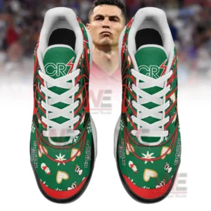 Cristiano Ronaldo Air Max Plus TN Shoes 9 Top view of Christmas themed CR7 shoes in green and red with festive designs and white laces!