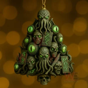 A tree shaped ornament composed of monstrous heads tentacles glowing green eyes and rune marked stones!