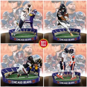 Alt text collage of four Chicago Bears action figure dioramas featuring a contested catch a running play a tackle and a celebration on a stadium base.