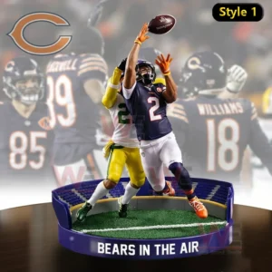 Alt text Chicago Bears action figure leaping for a football catch while a defender contests from behind on a stadium base labeled Bears in the Air.