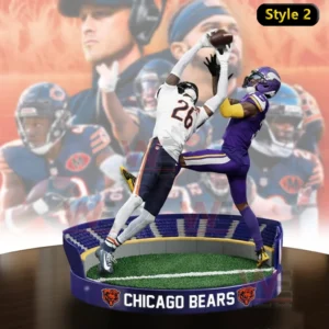 Alt text Chicago Bears action figure in white uniform reaching for an interception against a purple uniform receiver on a team branded stadium base.
