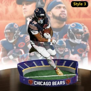 Alt text Chicago Bears action figure running with the football on a team branded stadium base with a blurred Bears backdrop.
