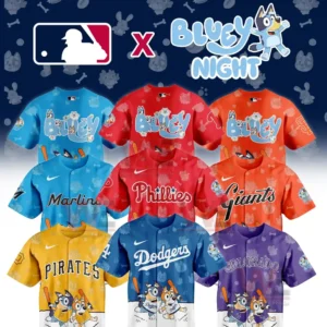 A grid of MLB Bluey Night themed jerseys with cartoon characters and team branding on vibrant shirts!