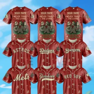 Alt text collage of red holiday baseball jersey designs with never trust the living and afterlife support group artwork and multiple MLB team name options on the front.