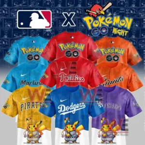 A collage of MLB Pokemon Go Night jerseys in different colors displaying team names and Pikachu artwork at the bottom!