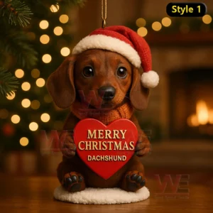 A dachshund sitting with a Christmas heart in front of a festive background!