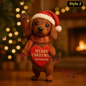 A dachshund standing with a raised paw and a Christmas heart in a cozy holiday scene!