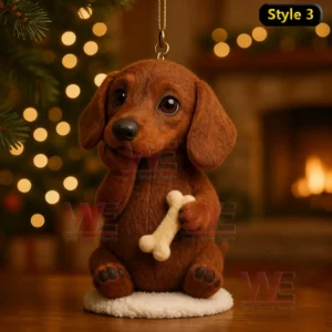 A dachshund sitting with a bone in a warm festive environment!```