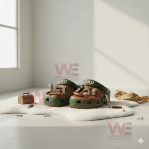 Dad themed brown and green clogs with tool and hobby charms on a white rug.