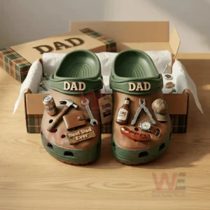Dad themed clogs with tool and grilling charms displayed in an open gift box.