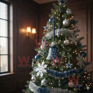 A blue Dallas Cowboys anniversary bell ornament with star and snowflake designs hanging on a decorated Christmas tree!