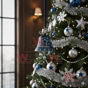 A blue Dallas Cowboys bell ornament with star patterns and a cowboy hat topper hanging near a decorated Christmas tree!