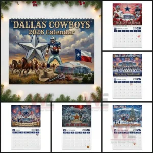 Collage of Dallas Cowboys twenty twenty six calendar cover and various month pages with themed illustrations of players and stadium scenes!