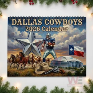 Dallas Cowboys 2026 Wall Calendar 7 Dallas Cowboys twenty twenty six calendar cover with western themed artwork including player horses Texas flag and stadium!