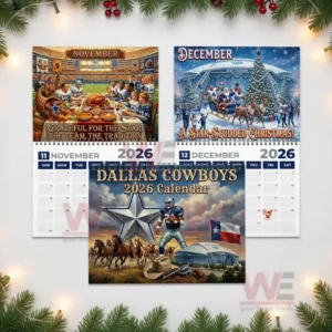Dallas Cowboys 2026 Wall Calendar 8 Dallas Cowboys calendar pages for November and December with holiday themed illustrations plus the cover image below!