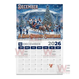 Dallas Cowboys 2026 Wall Calendar 9 December page of Dallas Cowboys twenty twenty six calendar showing Santa sleigh players and snowy stadium scene!