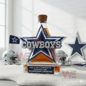 A star shaped Cowboys bottle positioned on a soft rug with sports items surrounding it!