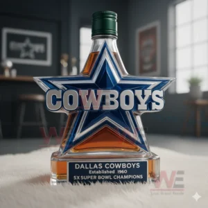 A bold star bottle resting on a fluffy white surface with sports memorabilia in the background!