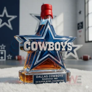 A shining star shaped bottle placed on a soft surface with football equipment visible behind it!