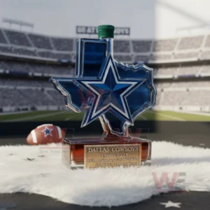 Texas shaped blue bottle with star emblem placed on white fur with a football stadium in the background.