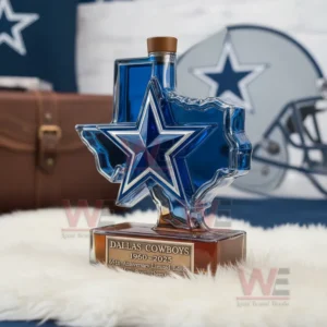 Texas shaped blue bottle with star emblem displayed near a football helmet and brown leather bag.