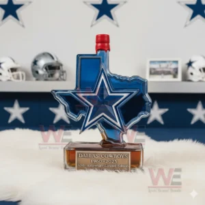 Blue Texas shaped bottle with star emblem placed in a star decorated sports themed room.