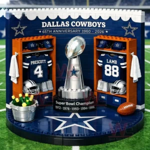 Dallas Cowboys anniversary locker room display with Prescott and Lamb jerseys helmets a central championship trophy Super Bowl Champion years and a large team star logo on the base!