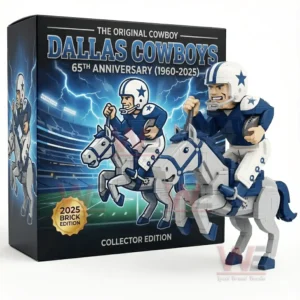 Building brick football cowboy figure riding a horse in blue and white displayed next to a themed collector box!
