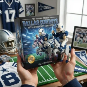 Hands holding a building brick Dallas Cowboys cowboy figure in a football themed room with team memorabilia!