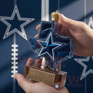 Hands holding a star shaped commemorative whiskey bottle with a sports team inspired design!