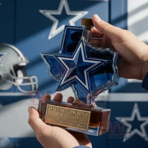 Person holding a star shaped whiskey bottle in front of a sports themed wall!