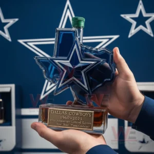 Hands presenting a star shaped limited edition whiskey bottle in a sports themed interior!