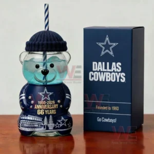 Dallas Cowboys bear shaped glass cup with blue packaging displayed on a table!