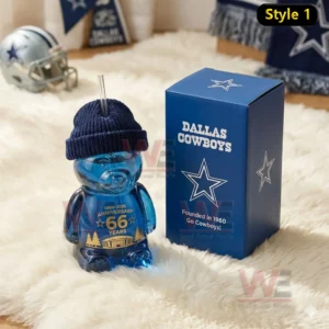 Bear shaped glass cup with Dallas Cowboys theme shown with football decorations and team box!