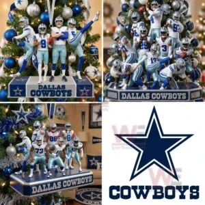 Ornaments featuring small player figures in game like stances surrounded by blue silver and white holiday decor associated with the Dallas Cowboys!