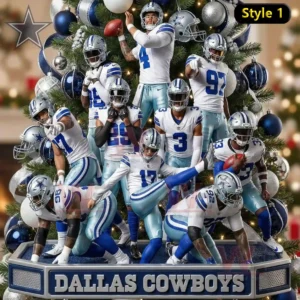 Dallas Cowboys Player Action Pose Ornament 5 A group of small football player ornaments dressed in Cowboys colors placed in action stances in front of a festive holiday tree!