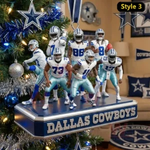 Dallas Cowboys Player Action Pose Ornament 7 A group of player ornaments wearing team colors posed in dynamic stances on a stand before a festive tree and themed decor!