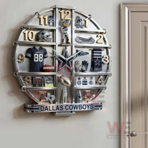 Three dimensional Dallas Cowboys wall clock with silver blue and white team theme football memorabilia and strong decorative structure!