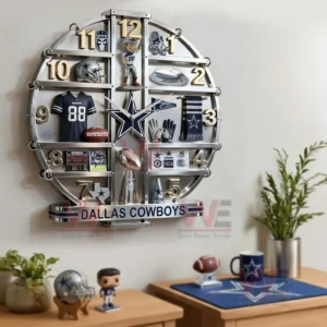 Dallas Cowboys Home Decorative 3D Wall Clock 7 Dallas Cowboys decorative wall clock above furniture with sports themed accessories and modern room styling!