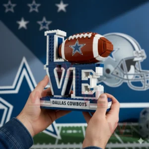 Dallas Cowboys LOVE Brick Building Blocks 5 Hands holding brick built love display with football and Dallas Cowboys background!