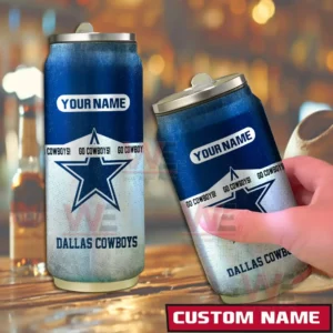 Two custom Dallas Cowboys can shaped tumblers placed on a wooden bar surface with team graphics and an editable name panel!
