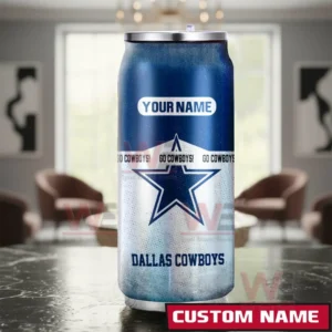 A custom Dallas Cowboys can shaped tumbler placed in a living room setting with strong team colors and a space for personalized text!
