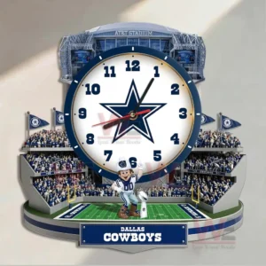 Dallas Cowboys wall clock with stadium backdrop large round clock face team star emblem and football atmosphere for home decoration!