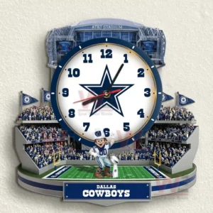 Dallas Cowboys Stadium Decorative 3D Wall Clock 6 Close view of a Dallas Cowboys decorative wall clock with star centerpiece stadium inspired base and premium sports styling!