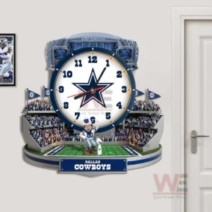 Dallas Cowboys Stadium Decorative 3D Wall Clock 7 Dallas Cowboys stadium wall clock hanging near a door demonstrating bold sports decor and balanced interior placement!