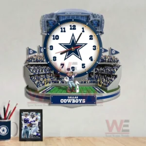 Dallas Cowboys Stadium Decorative 3D Wall Clock 8 Dallas Cowboys decorative wall clock showcased above a desk with stadium design star logo and strong fan atmosphere!
