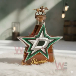 Dallas Stars star shaped whiskey bottle with horse figure stopper amber liquid and elegant collector presentation
