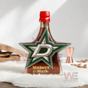 Dallas Stars star shaped whiskey bottle with red wax style cap green star logo and amber whiskey on white fur