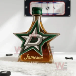 Dallas Stars star shaped whiskey bottle with green cap green star logo amber whiskey and hockey themed background